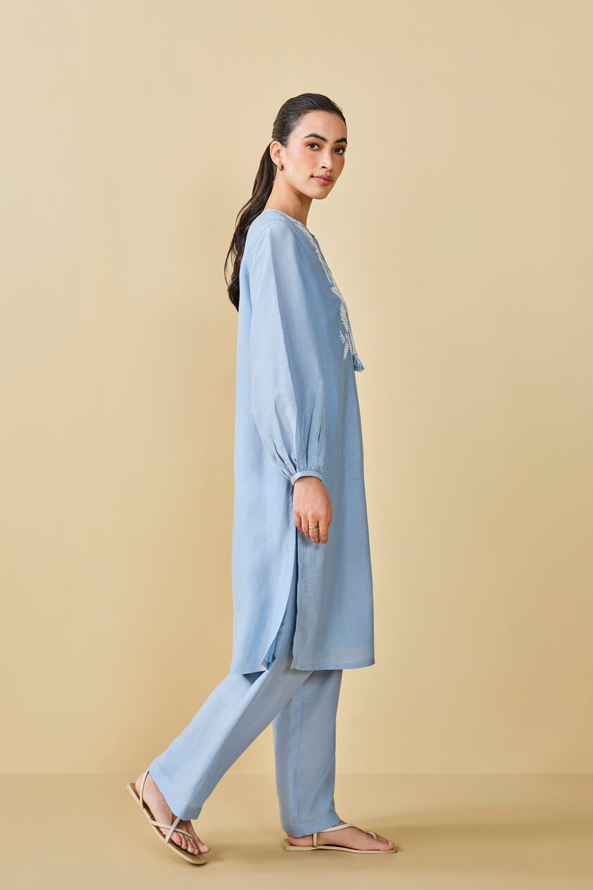 Cloud Sky Hand-embroidered Chikankari Linen Co-ord - Blue, Blue, image 7